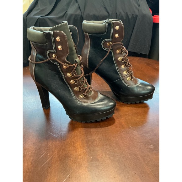 ShoeDazzle Shoes - ShoeDazzle Ankle Boots Aden Sz 11 Black Brown Olive High Heel Platform Lug Sole